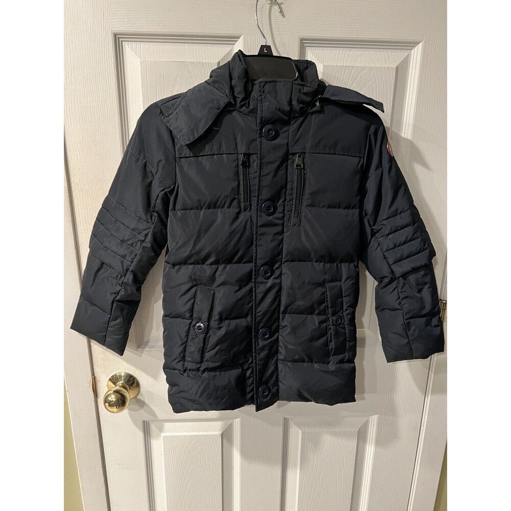 Monnalisa goose down puffer coat boys sz 8 blue fur trim detachable hood zip H3+